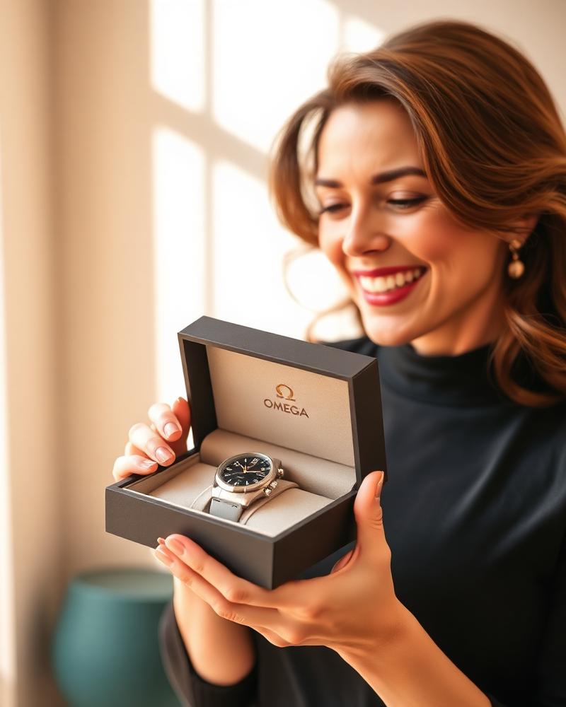 Sophie receiving a Omega Speedmaster